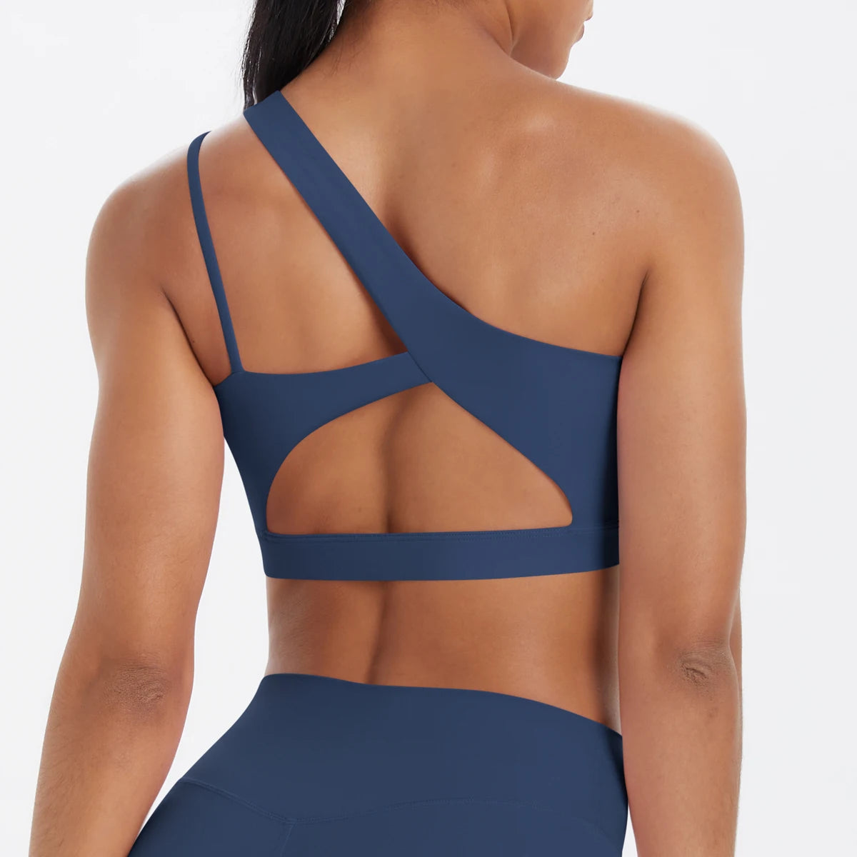 Oblique Shoulder Yoga Bra – Hollow-Out Back Push-Up Sports Vest for Running & Fitness