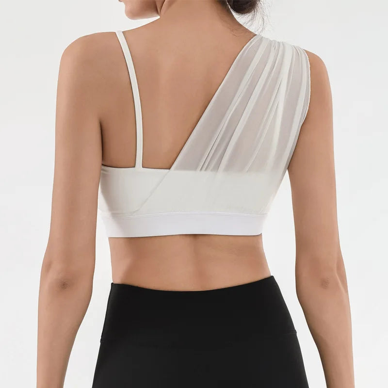 Women's Contrast Mesh One-Shoulder Sports Bra with Chest Pad – High Elastic Quick-Dry Yoga Fitness Vest