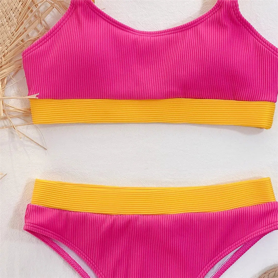 New Sexy Ribbed Splicing High Waist Bikini Set