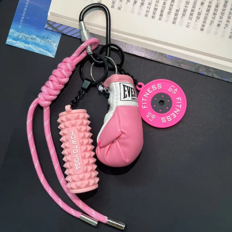 Mini Yoga Foam Roller Keychain Set – Boxing Gloves & Dumbbell Fitness Bag Pendant Gift