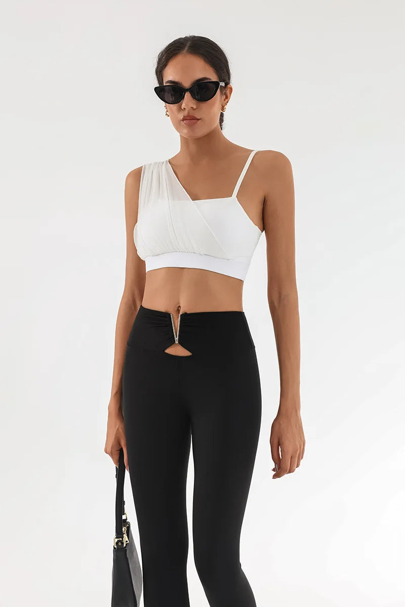 Women's Contrast Mesh One-Shoulder Sports Bra with Chest Pad – High Elastic Quick-Dry Yoga Fitness Vest