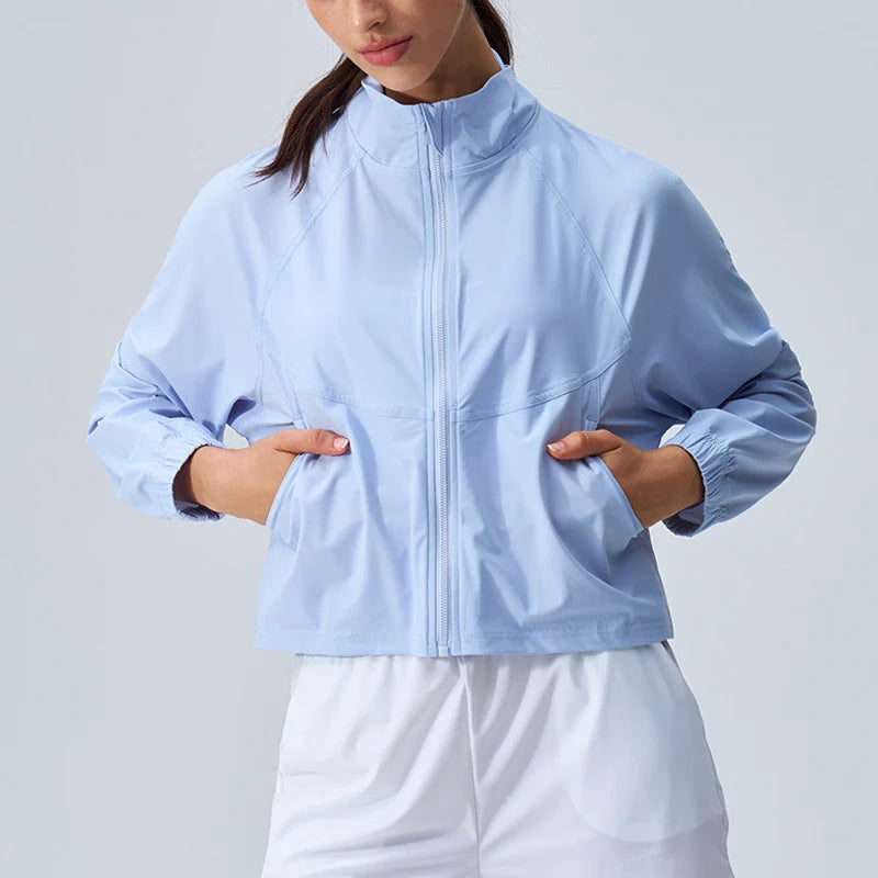 Women's Athletic Workout Running Track Full Zip Cropped Jacket – UPF 50+ Sun Protection Long Sleeve Yoga Gym Top