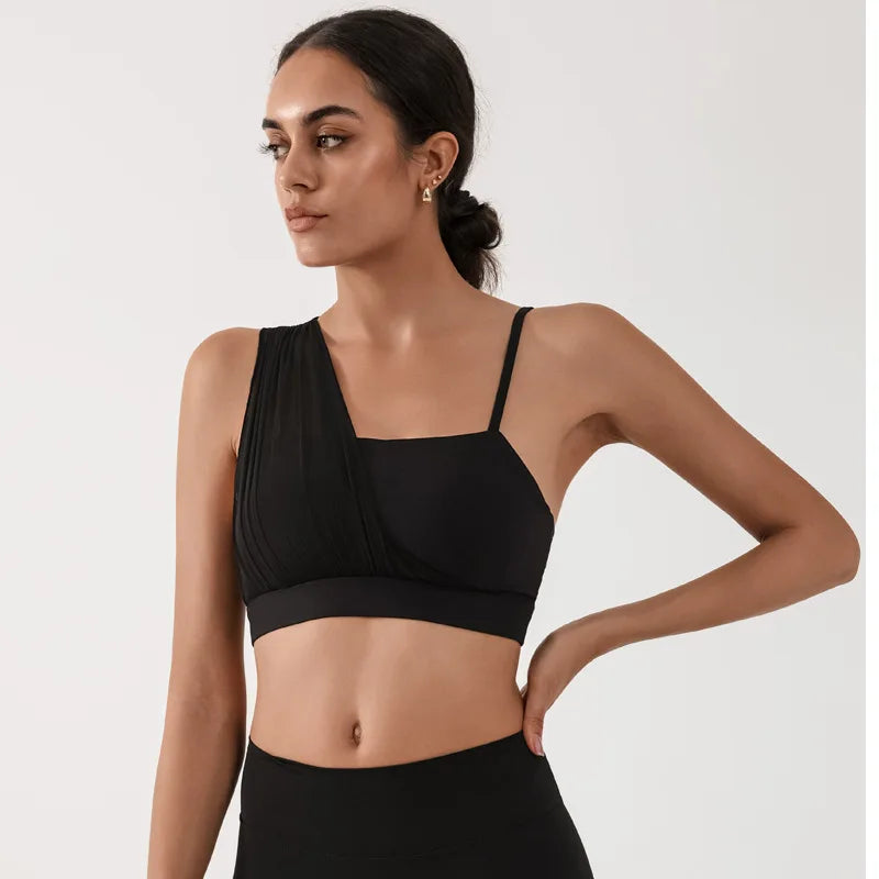 Women's Contrast Mesh One-Shoulder Sports Bra with Chest Pad – High Elastic Quick-Dry Yoga Fitness Vest