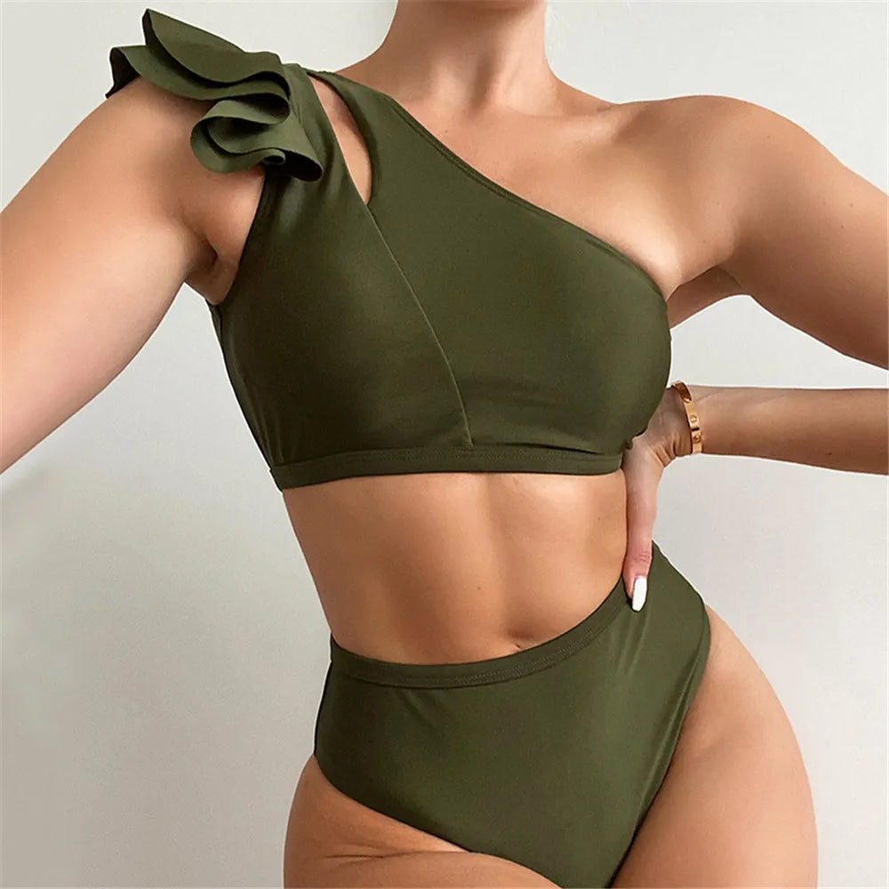 Sexy One Shoulder Ruffled Swimwear High Waist Bikini Set