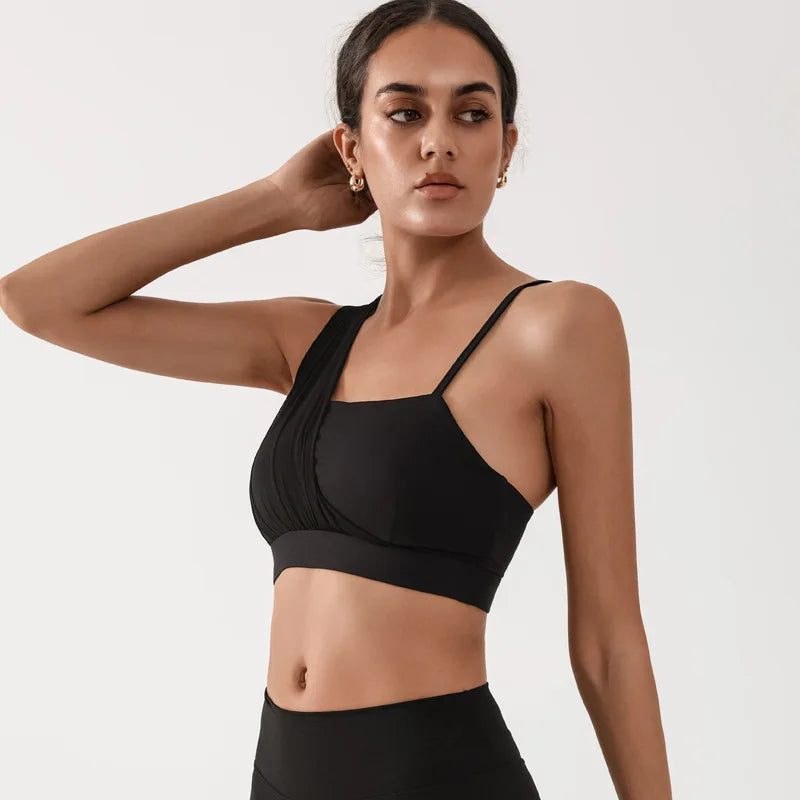 Women's Contrast Mesh One-Shoulder Sports Bra with Chest Pad – High Elastic Quick-Dry Yoga Fitness Vest