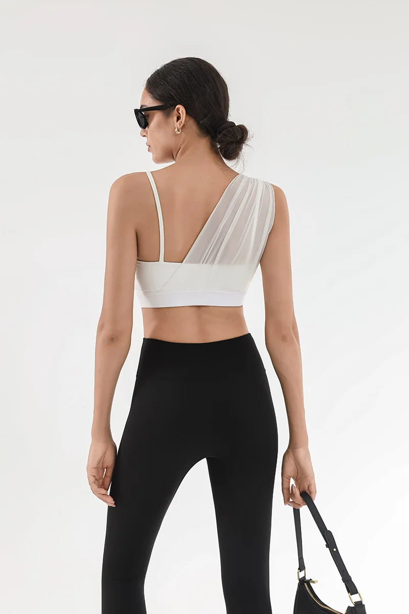 Women's Contrast Mesh One-Shoulder Sports Bra with Chest Pad – High Elastic Quick-Dry Yoga Fitness Vest