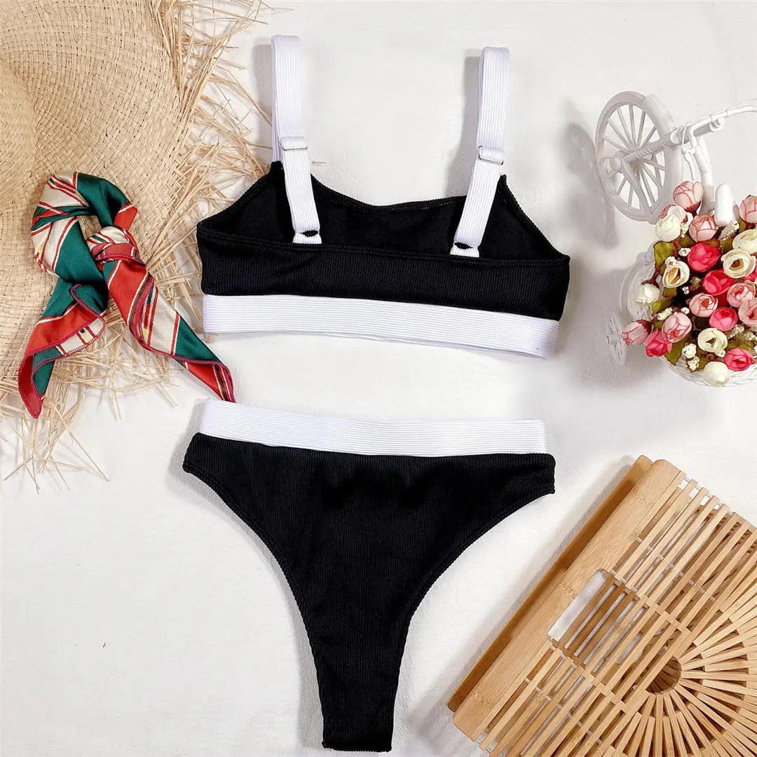 New Sexy Ribbed Splicing High Waist Bikini Set