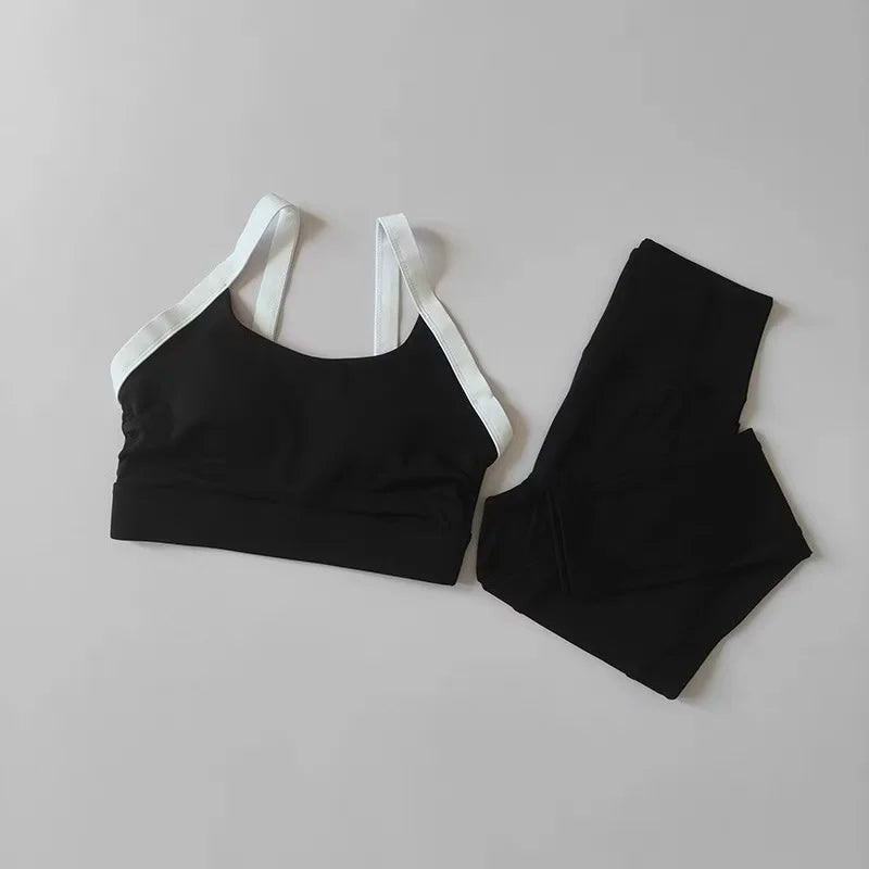 High Intensity Color Blocking Cross Back Integrated Yoga Set 2PCS Sports Underwear High Waist and Hip Lifting Fitness Leggings