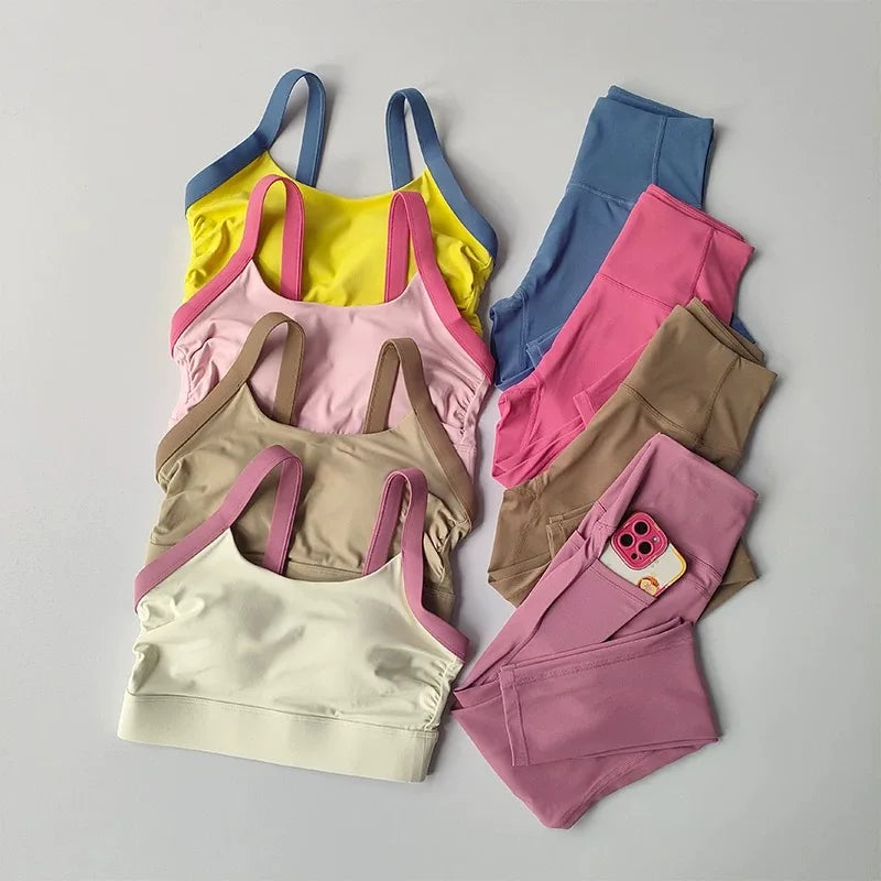 High Intensity Color Blocking Cross Back Integrated Yoga Set 2PCS Sports Underwear High Waist and Hip Lifting Fitness Leggings