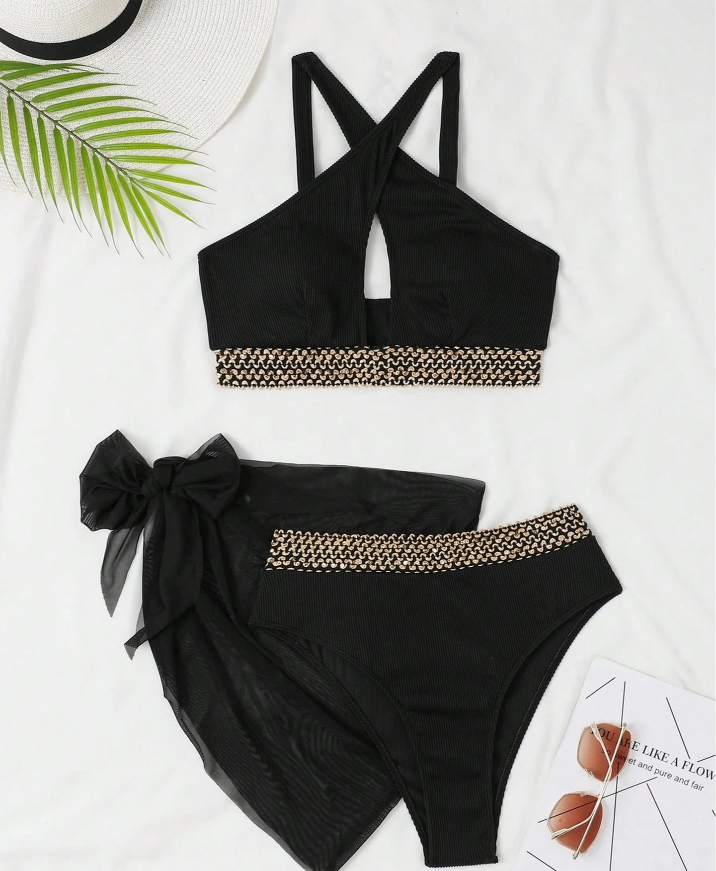 Sexy Bikini Three Piece Women’s Swimsuit with Cover Skirt Cross Suspender Swimsuit Close Fitting High Waist Vacation Bikini