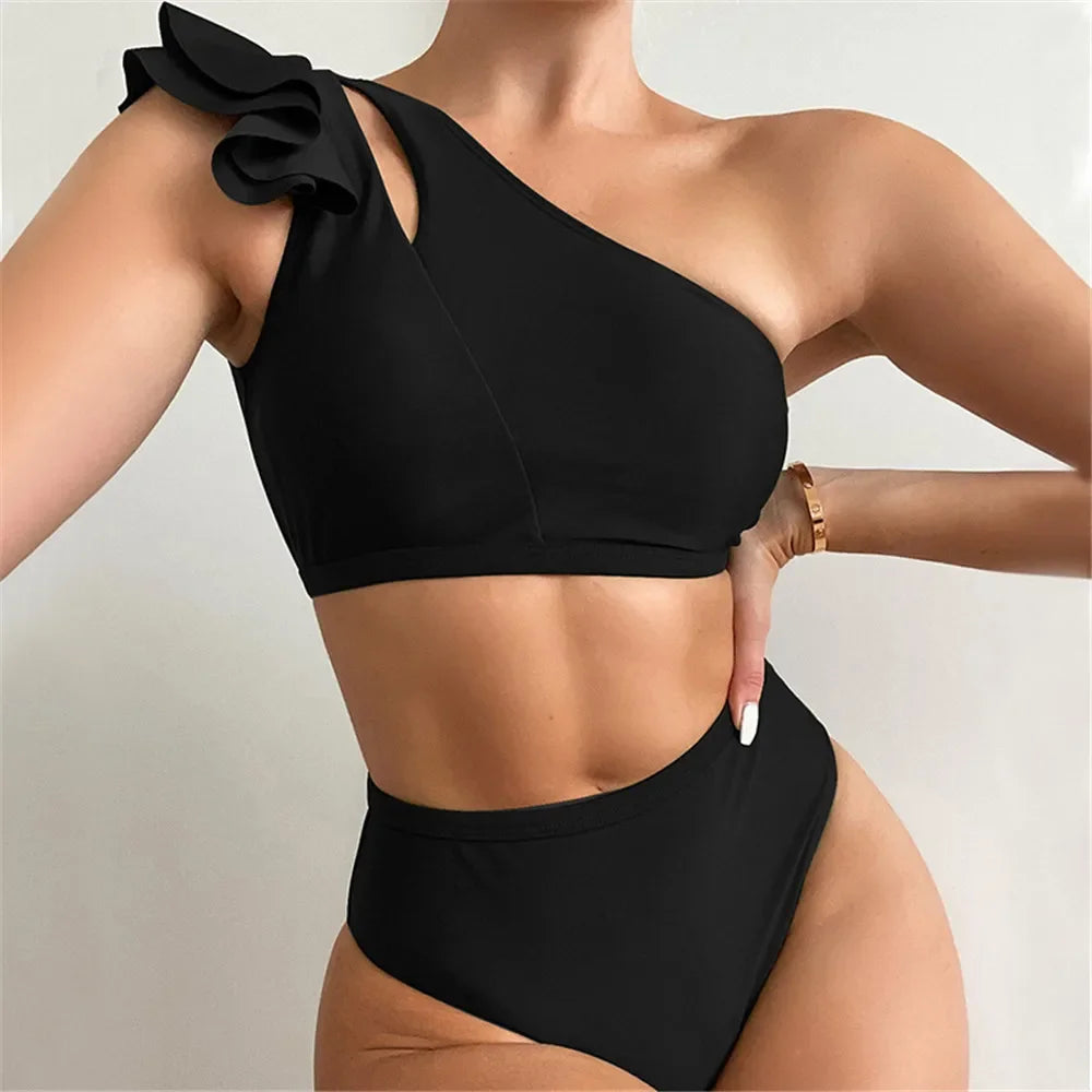 Sexy One Shoulder Ruffled Swimwear High Waist Bikini Set