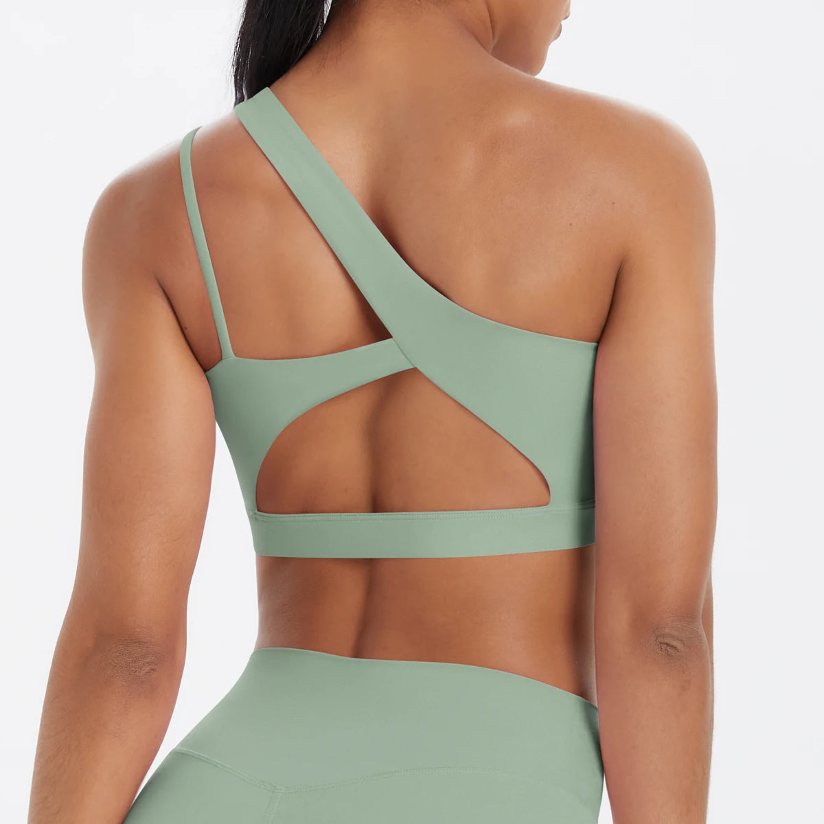 Oblique Shoulder Yoga Bra – Hollow-Out Back Push-Up Sports Vest for Running & Fitness