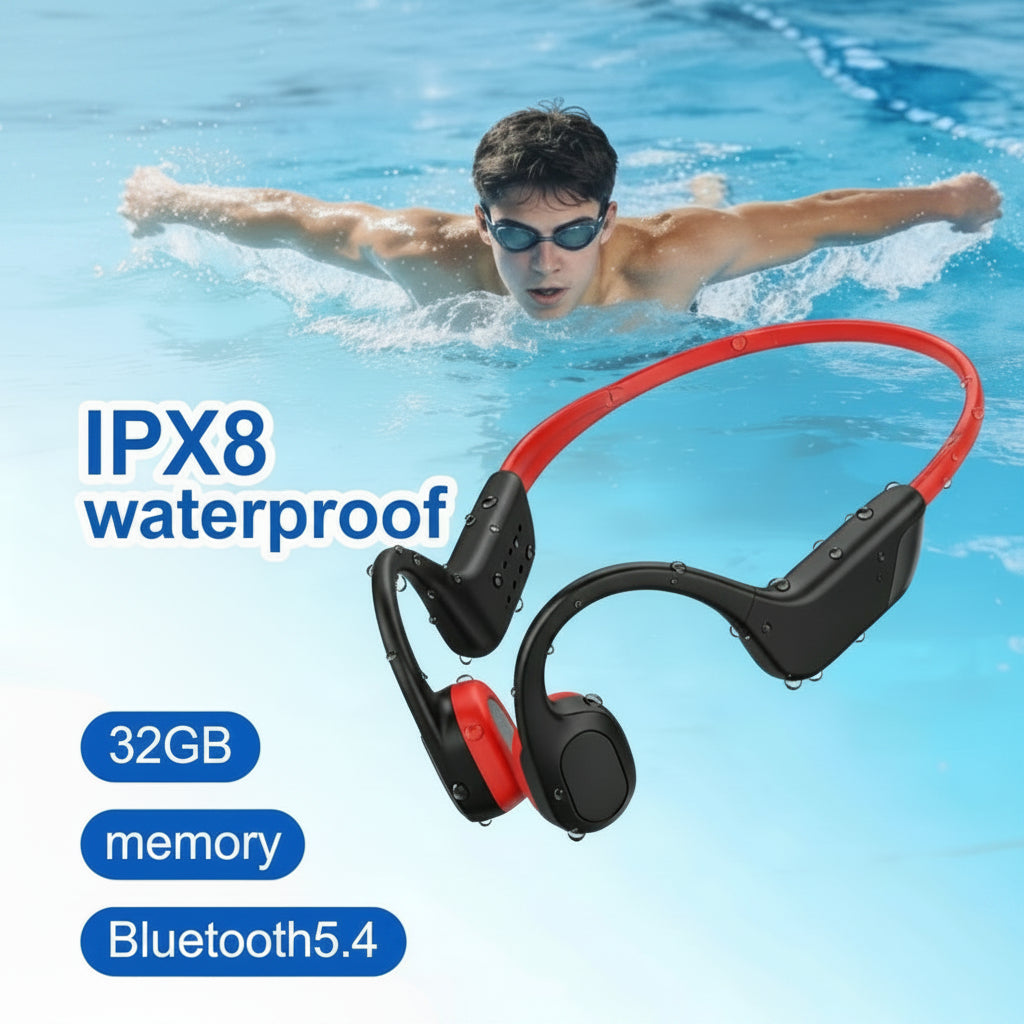 Bone Conduction Headphones IPX8 Waterproof Bluetooth 5.4 - 32GB Wireless Sports Headset with Mic for Swimming, Running & Gym