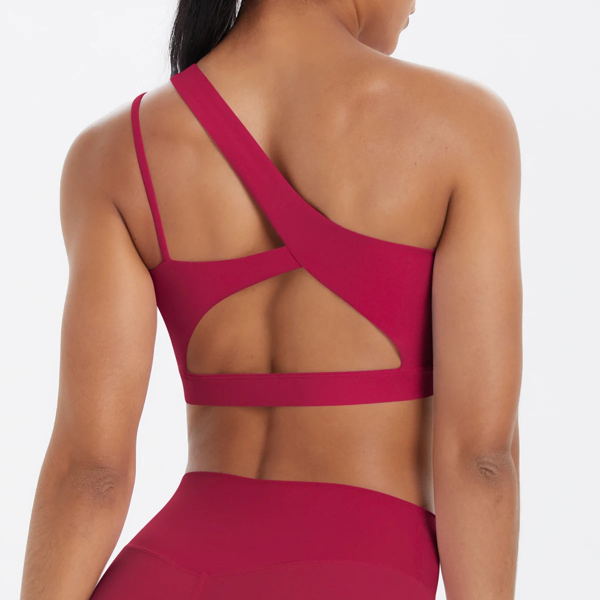 Oblique Shoulder Yoga Bra – Hollow-Out Back Push-Up Sports Vest for Running & Fitness