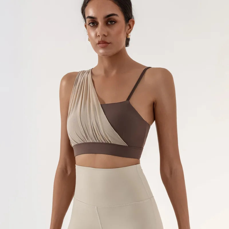 Women's Contrast Mesh One-Shoulder Sports Bra with Chest Pad – High Elastic Quick-Dry Yoga Fitness Vest