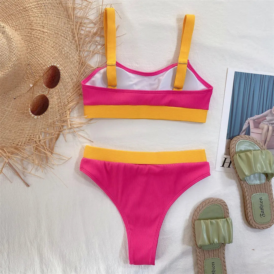 New Sexy Ribbed Splicing High Waist Bikini Set