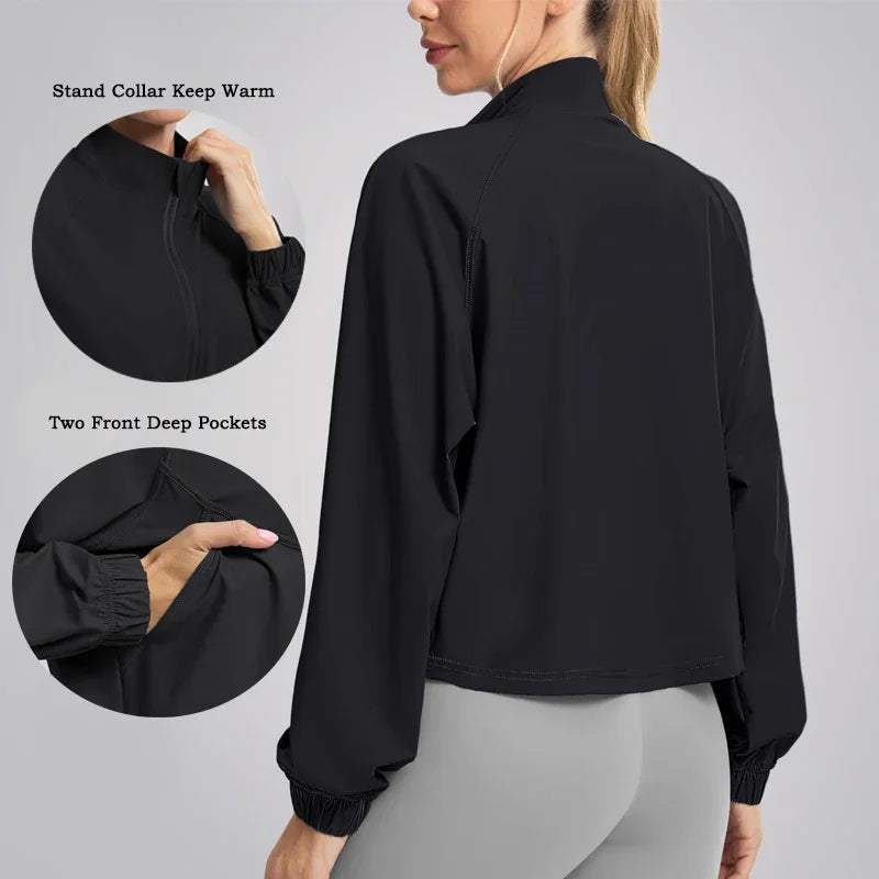 Women's Athletic Workout Running Track Full Zip Cropped Jacket – UPF 50+ Sun Protection Long Sleeve Yoga Gym Top