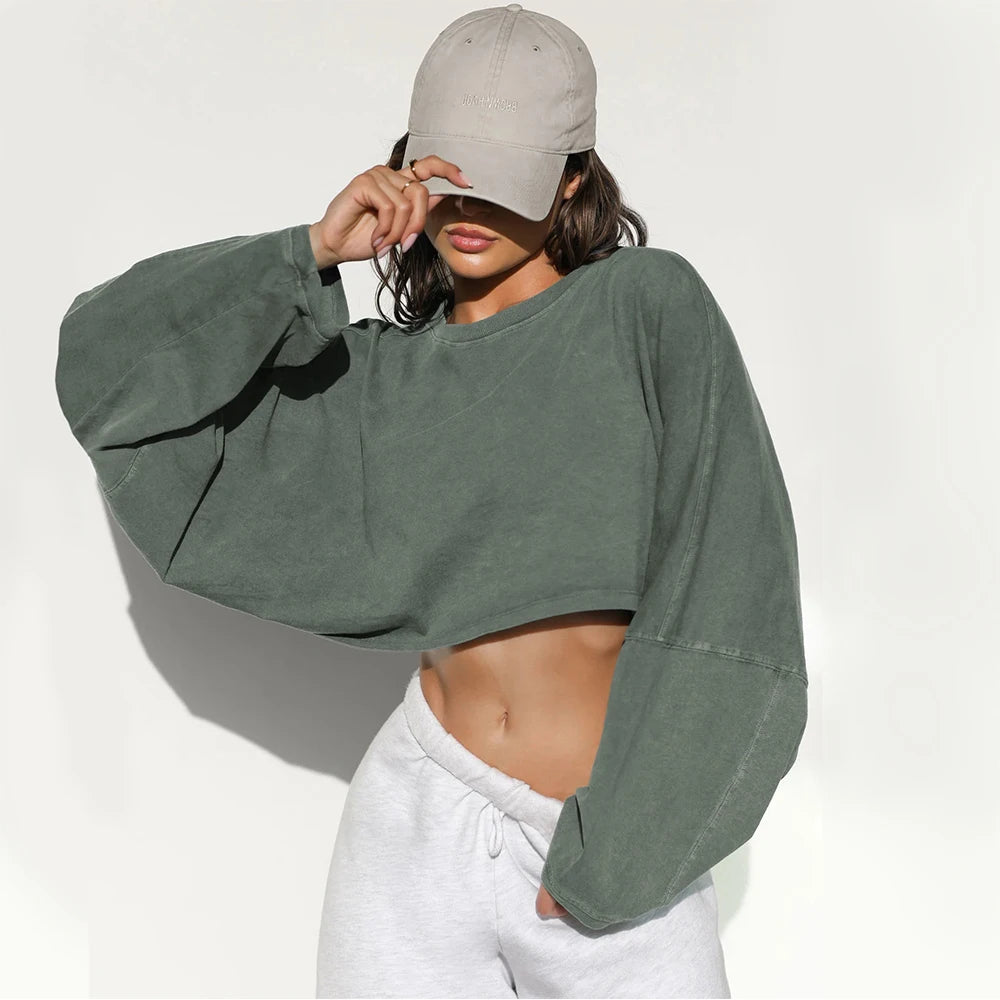 Women's Long Sleeve Sports Crop Top – Loose Gym Yoga T-Shirt Spring Autumn Fitness Wear