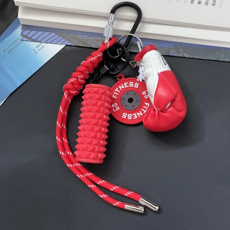 Mini Yoga Foam Roller Keychain Set – Boxing Gloves & Dumbbell Fitness Bag Pendant Gift