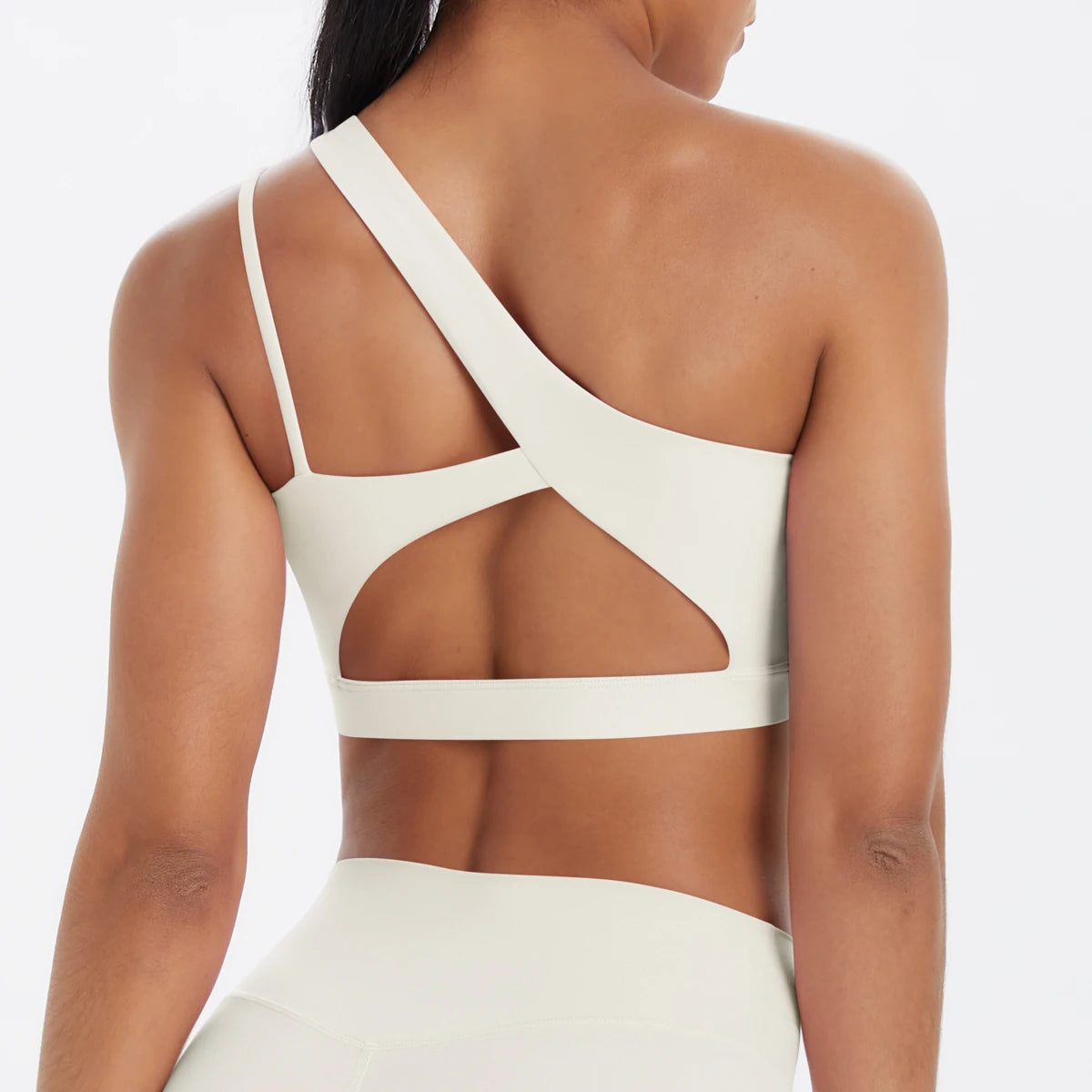 Oblique Shoulder Yoga Bra – Hollow-Out Back Push-Up Sports Vest for Running & Fitness