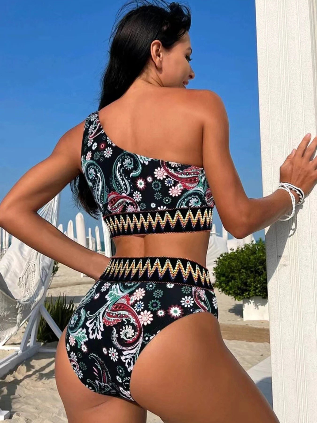 Vigoashely Single Shoulder Print Bikini Set