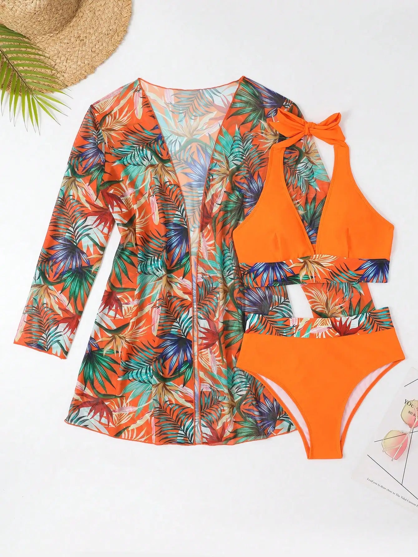 3PCS Halter Print Bikini Set with Kimono