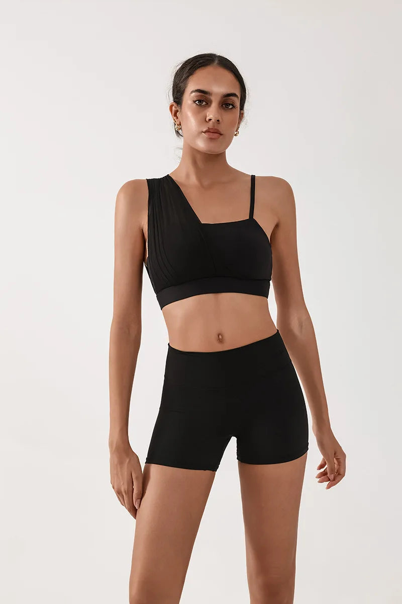 Women's Contrast Mesh One-Shoulder Sports Bra with Chest Pad – High Elastic Quick-Dry Yoga Fitness Vest