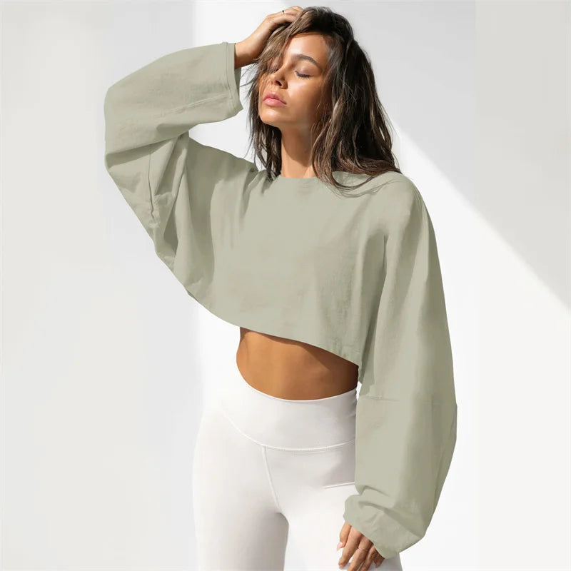Women's Long Sleeve Sports Crop Top – Loose Gym Yoga T-Shirt Spring Autumn Fitness Wear