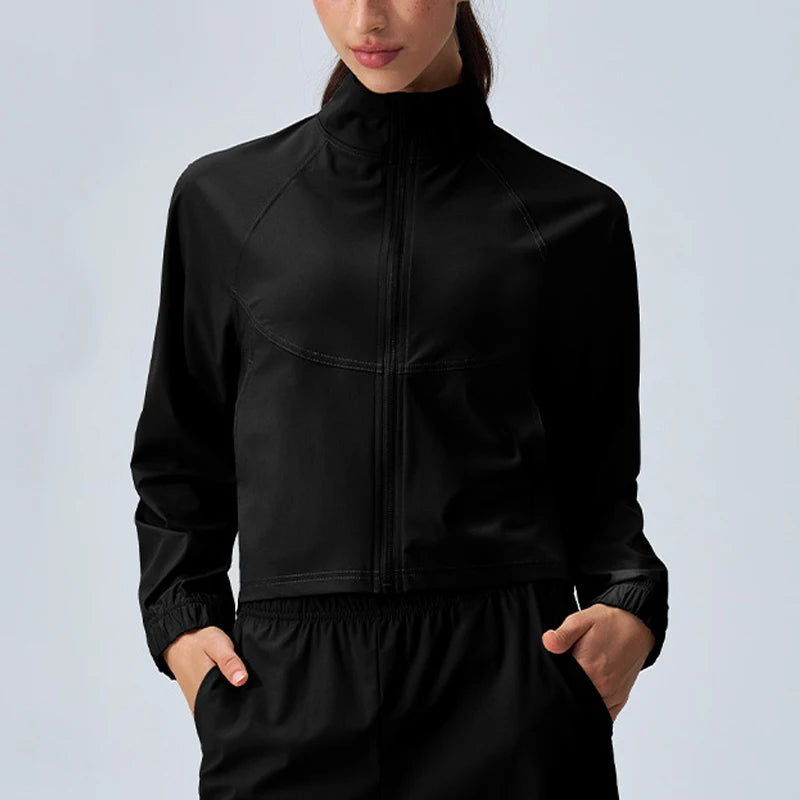 Women's Athletic Workout Running Track Full Zip Cropped Jacket – UPF 50+ Sun Protection Long Sleeve Yoga Gym Top