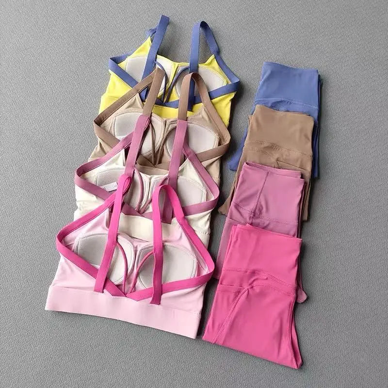 High Intensity Color Blocking Cross Back Integrated Yoga Set 2PCS Sports Underwear High Waist and Hip Lifting Fitness Leggings