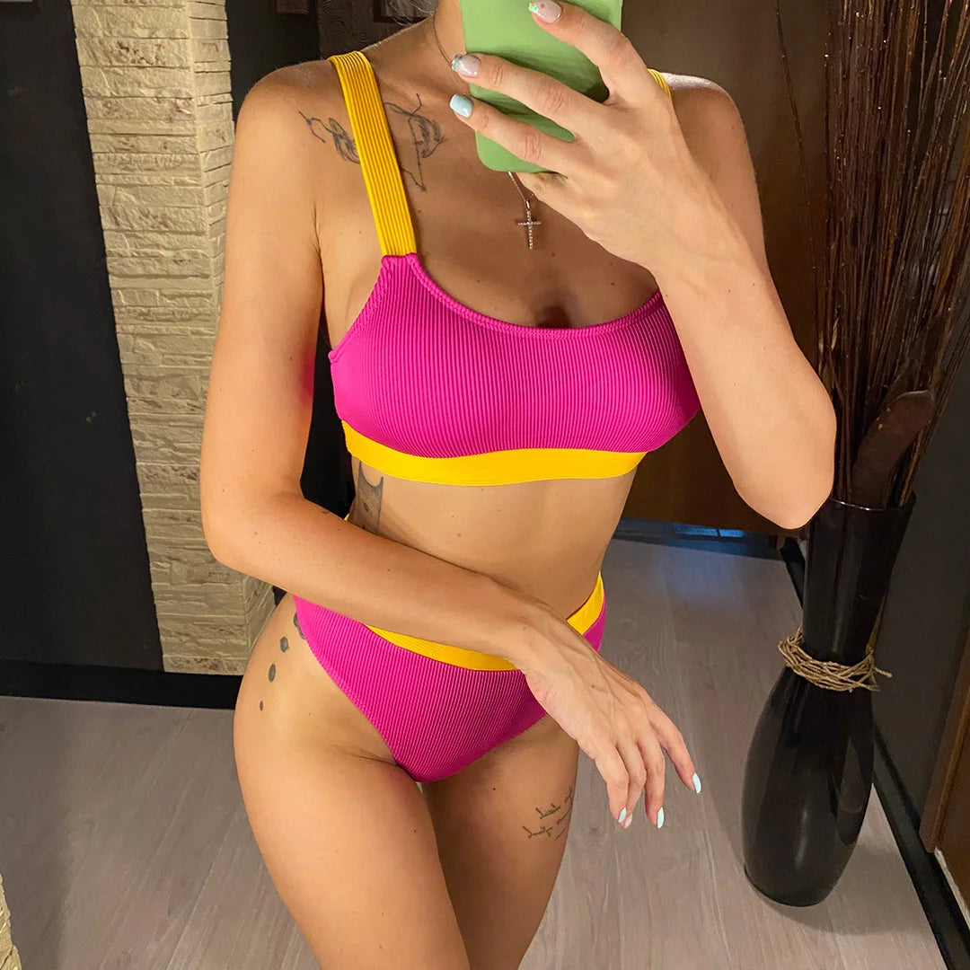 New Sexy Ribbed Splicing High Waist Bikini Set