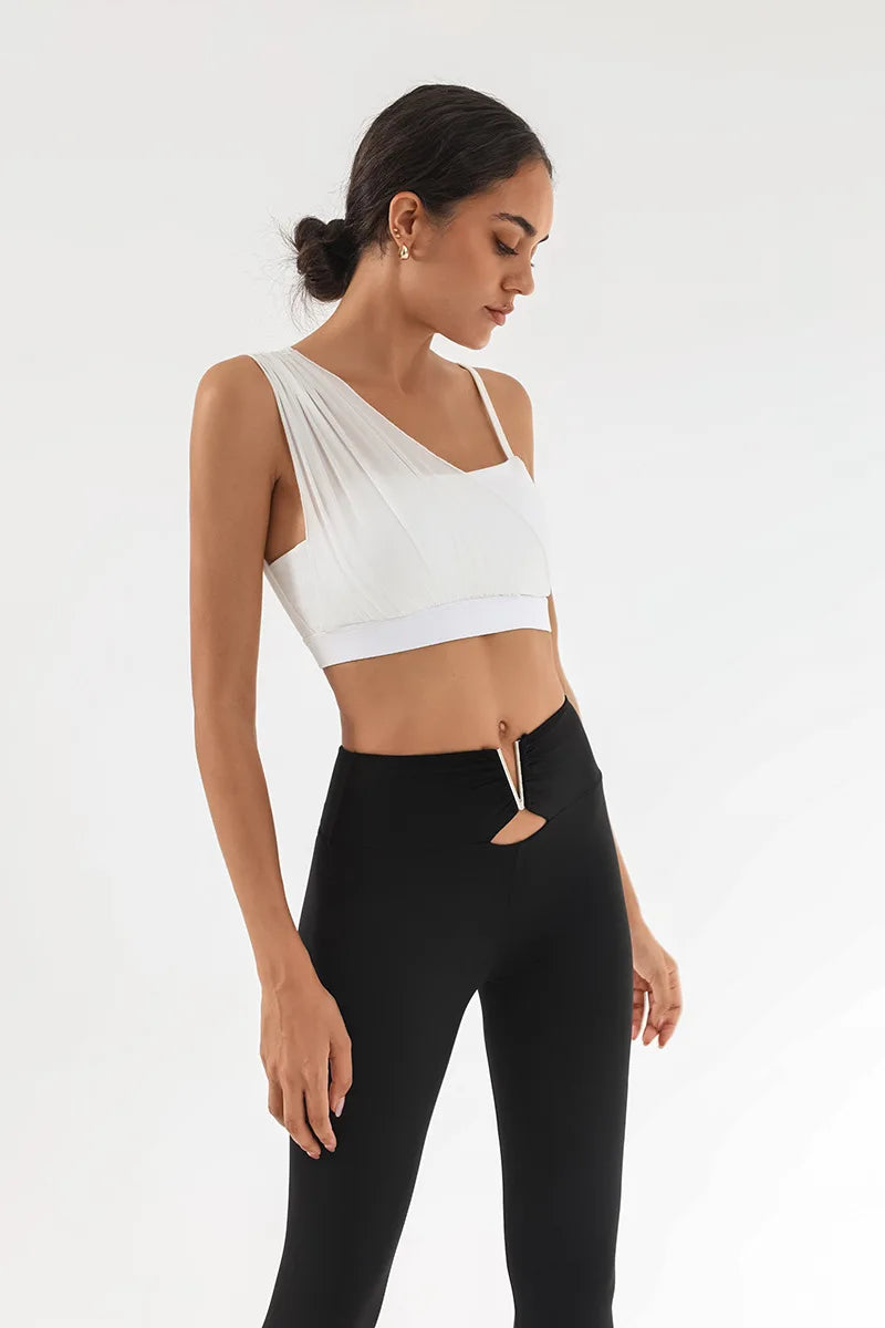 Women's Contrast Mesh One-Shoulder Sports Bra with Chest Pad – High Elastic Quick-Dry Yoga Fitness Vest