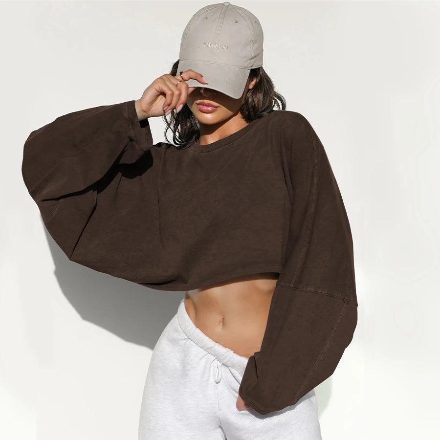 Women's Long Sleeve Sports Crop Top – Loose Gym Yoga T-Shirt Spring Autumn Fitness Wear