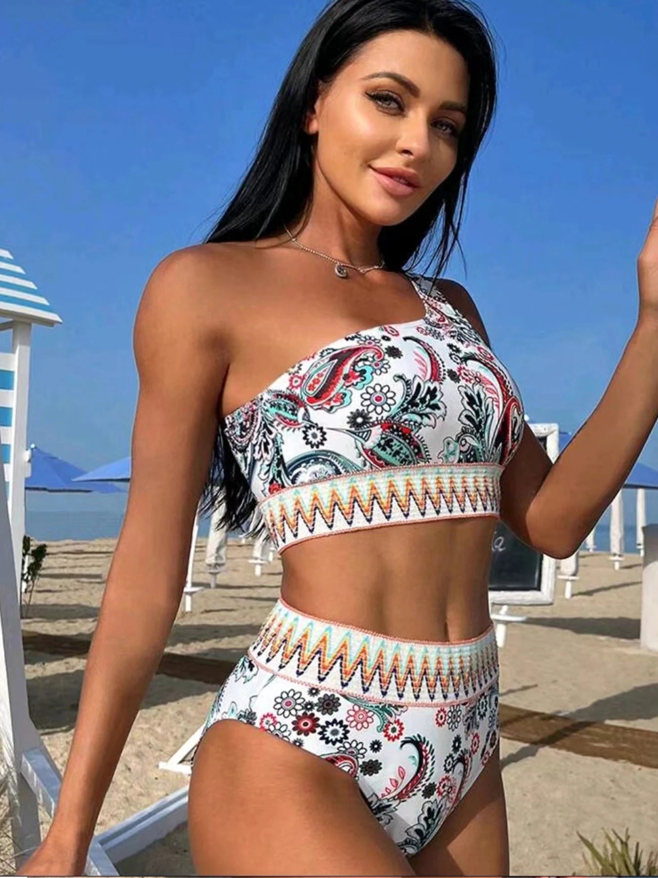 Vigoashely Single Shoulder Print Bikini Set