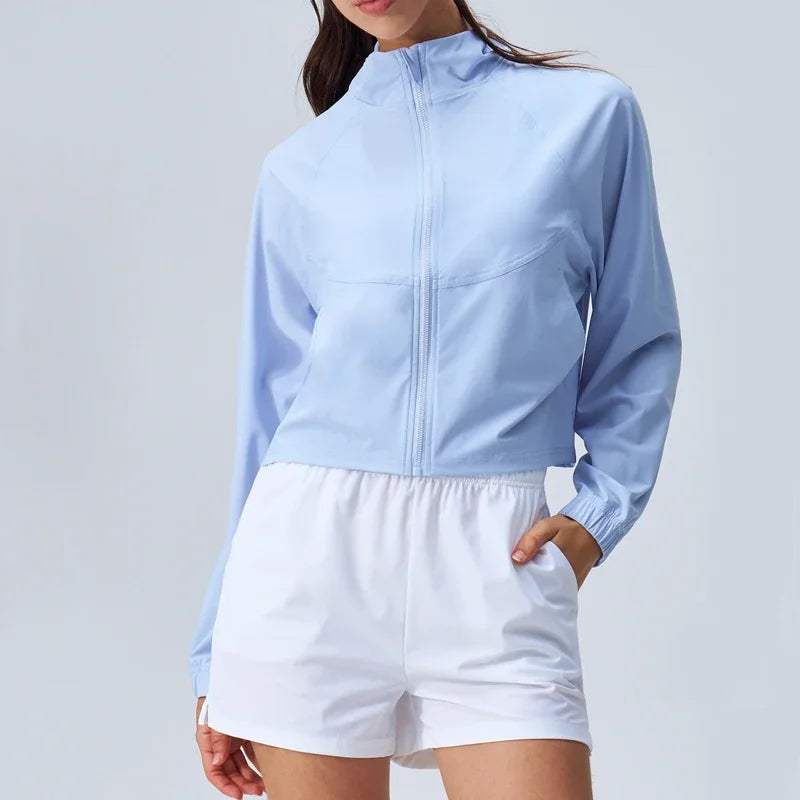 Women's Athletic Workout Running Track Full Zip Cropped Jacket – UPF 50+ Sun Protection Long Sleeve Yoga Gym Top
