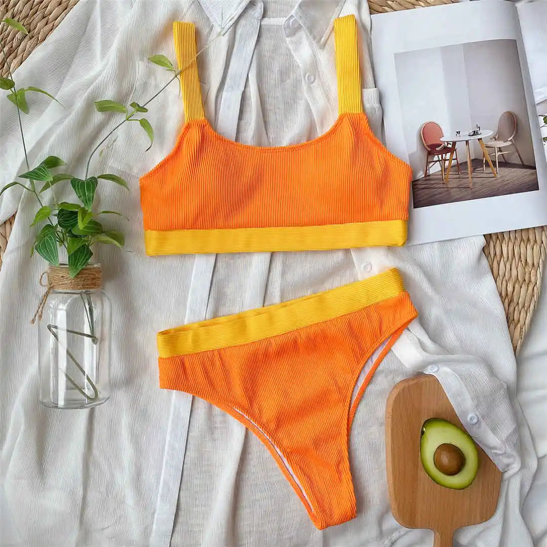 New Sexy Ribbed Splicing High Waist Bikini Set