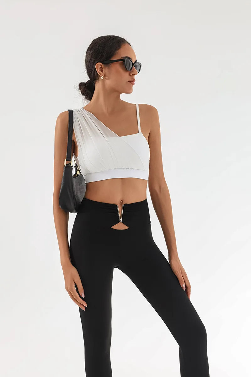 Women's Contrast Mesh One-Shoulder Sports Bra with Chest Pad – High Elastic Quick-Dry Yoga Fitness Vest