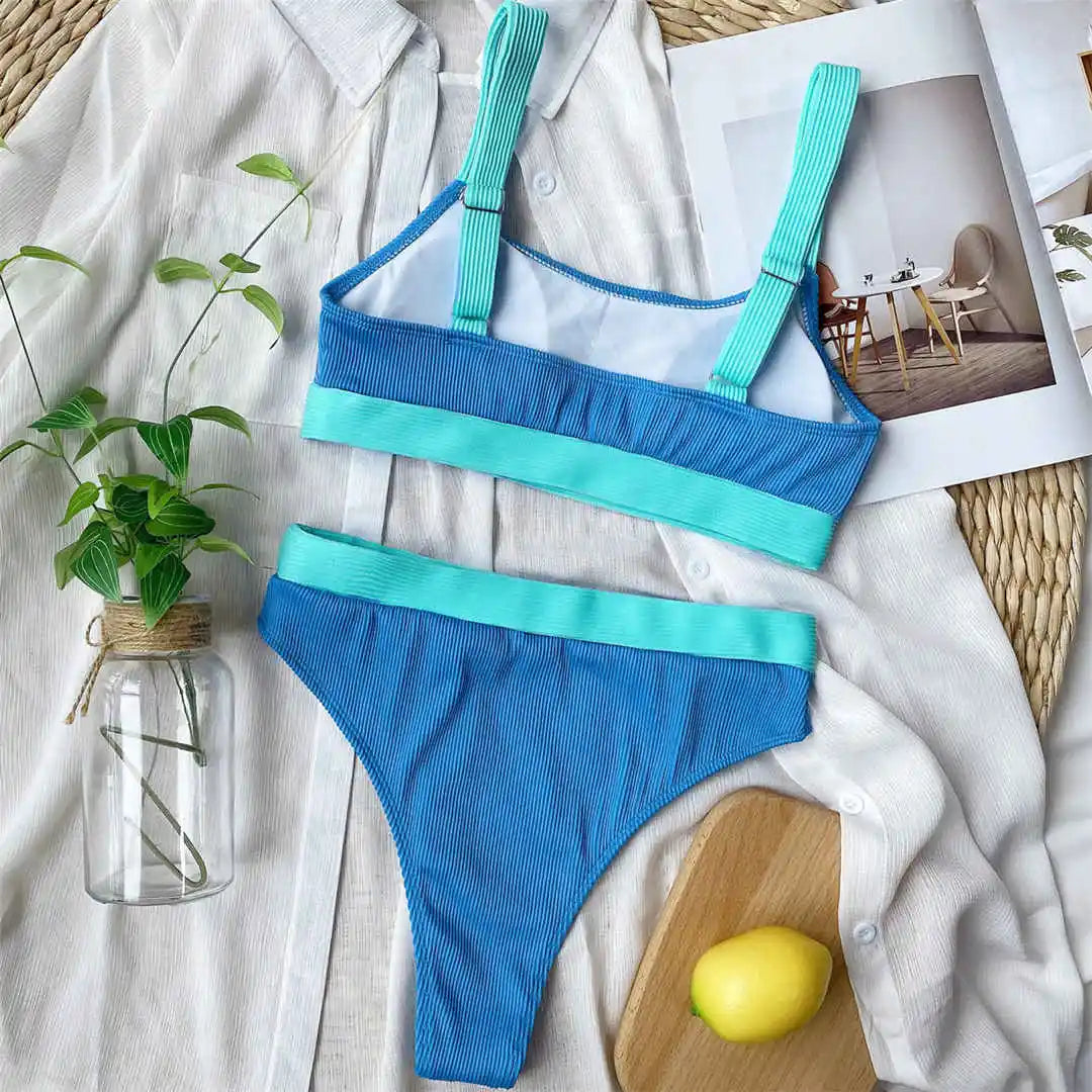 New Sexy Ribbed Splicing High Waist Bikini Set