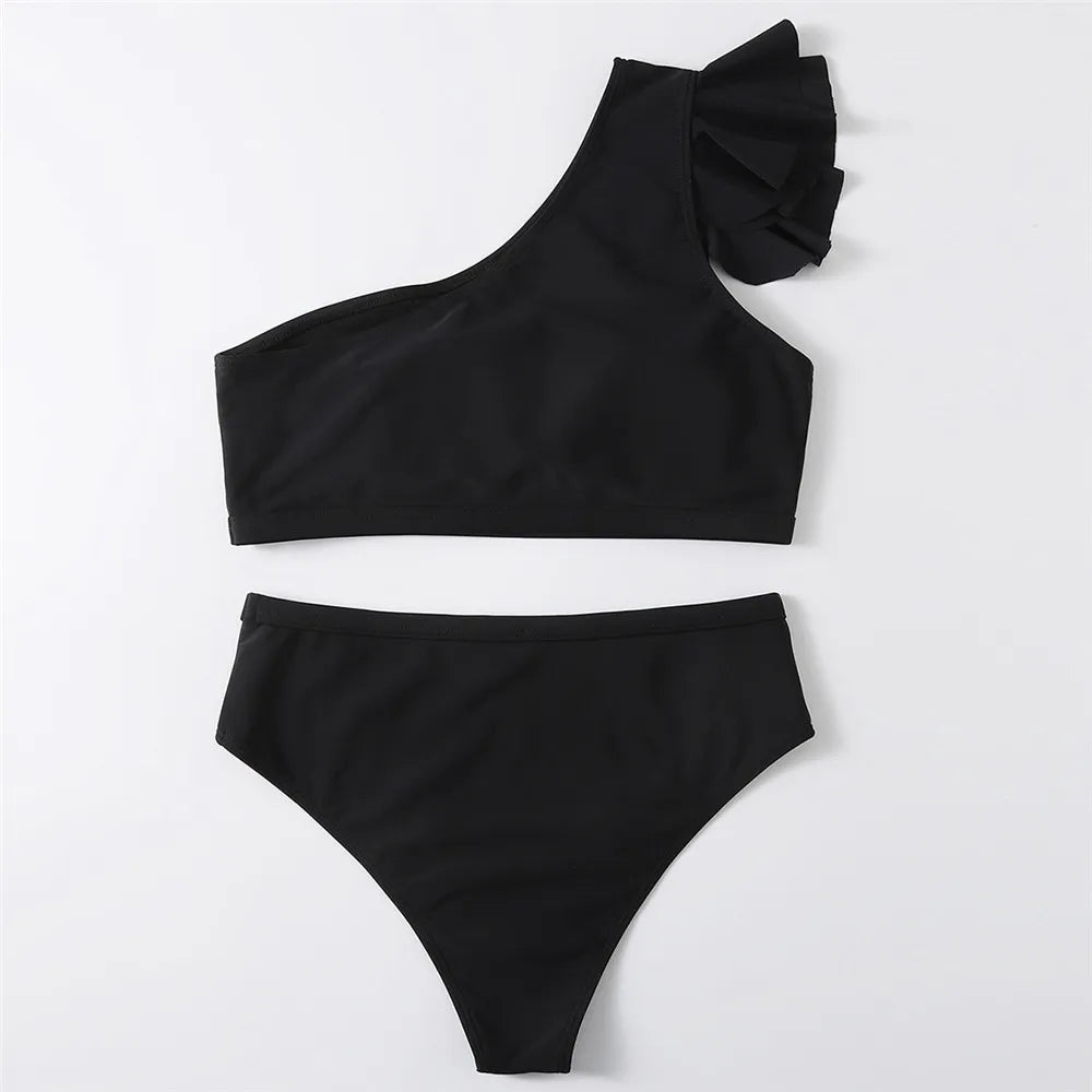 Sexy One Shoulder Ruffled Swimwear High Waist Bikini Set