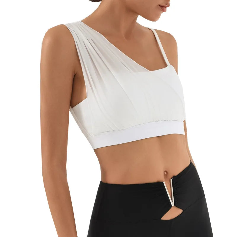 Women's Contrast Mesh One-Shoulder Sports Bra with Chest Pad – High Elastic Quick-Dry Yoga Fitness Vest