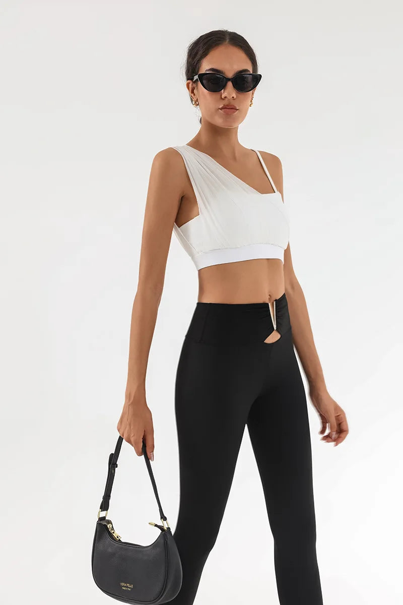Women's Contrast Mesh One-Shoulder Sports Bra with Chest Pad – High Elastic Quick-Dry Yoga Fitness Vest