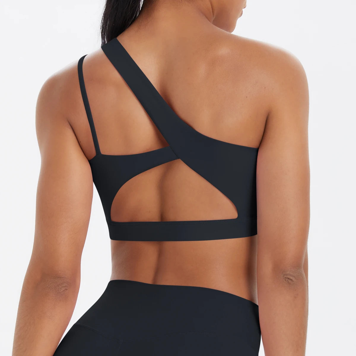 Oblique Shoulder Yoga Bra – Hollow-Out Back Push-Up Sports Vest for Running & Fitness