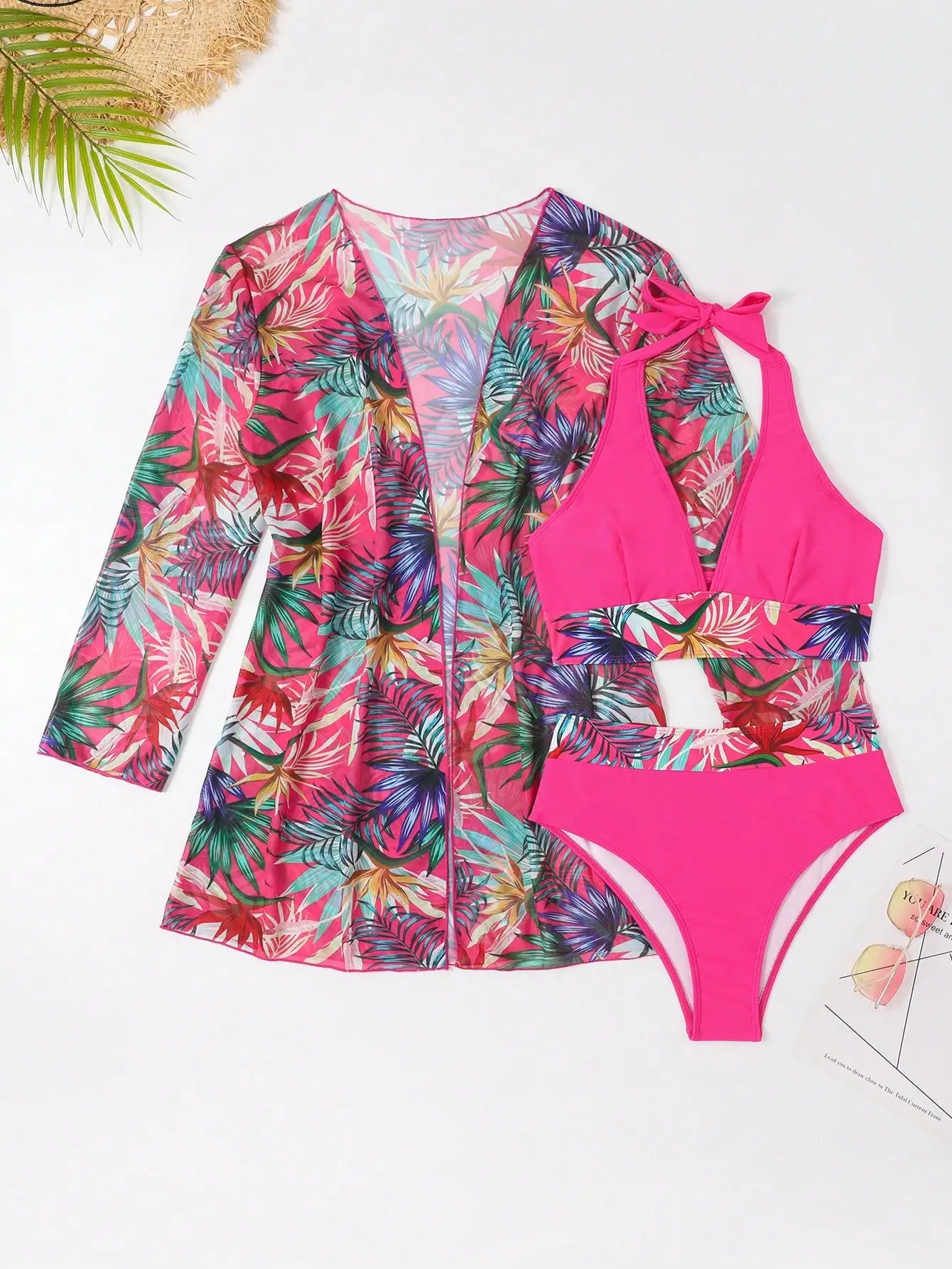 3PCS Halter Print Bikini Set with Kimono