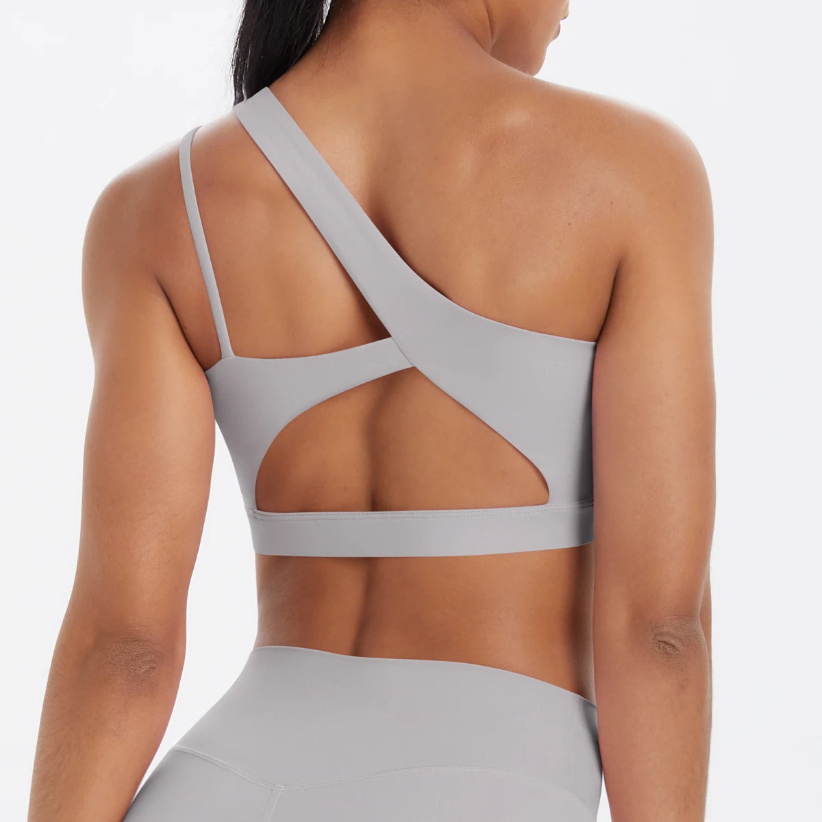 Oblique Shoulder Yoga Bra – Hollow-Out Back Push-Up Sports Vest for Running & Fitness