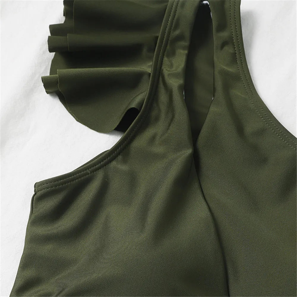 Sexy One Shoulder Ruffled Swimwear High Waist Bikini Set