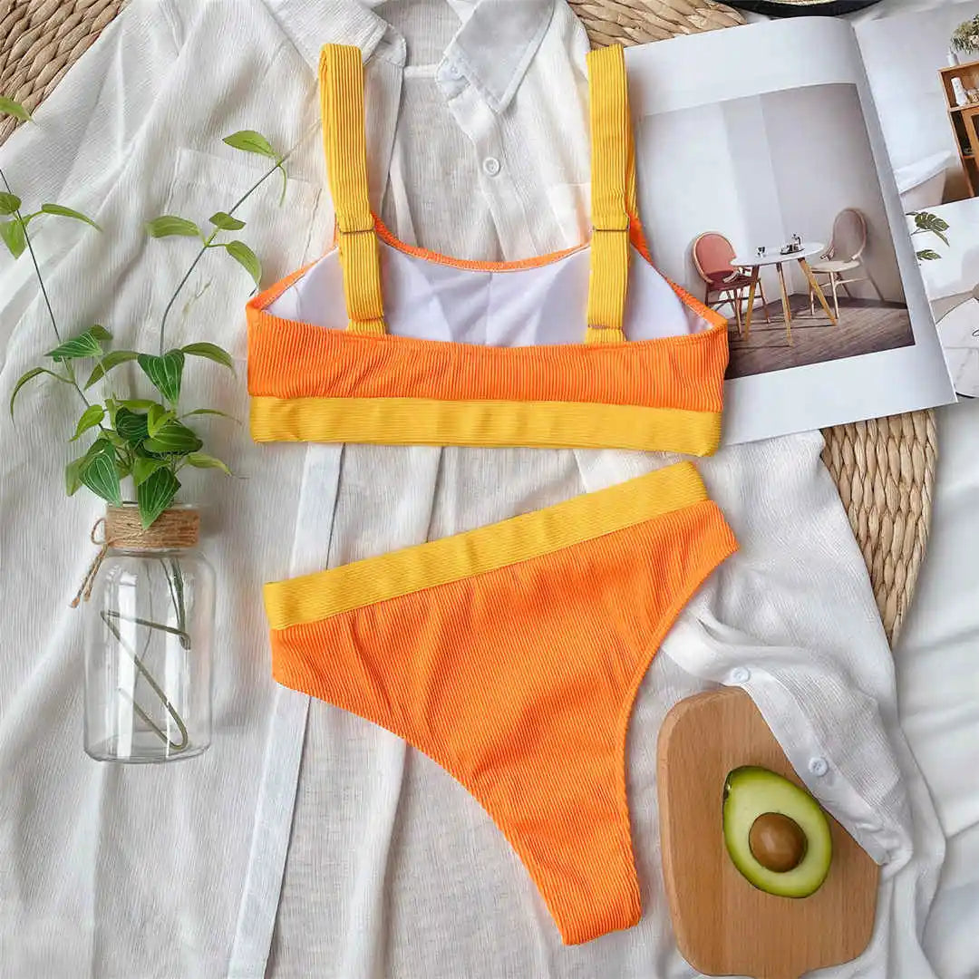 New Sexy Ribbed Splicing High Waist Bikini Set