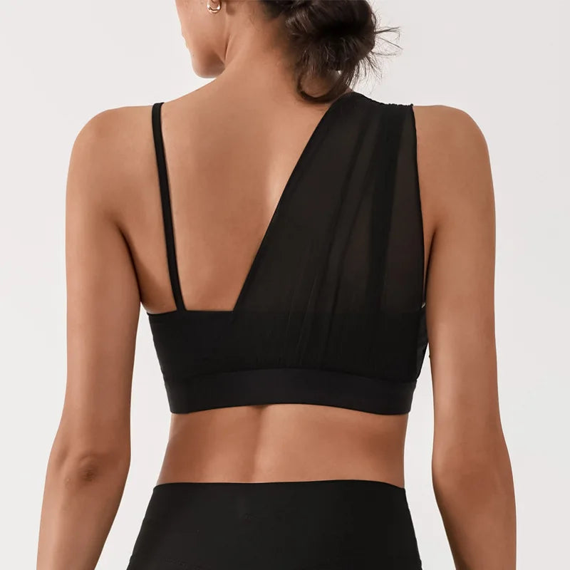 Women's Contrast Mesh One-Shoulder Sports Bra with Chest Pad – High Elastic Quick-Dry Yoga Fitness Vest