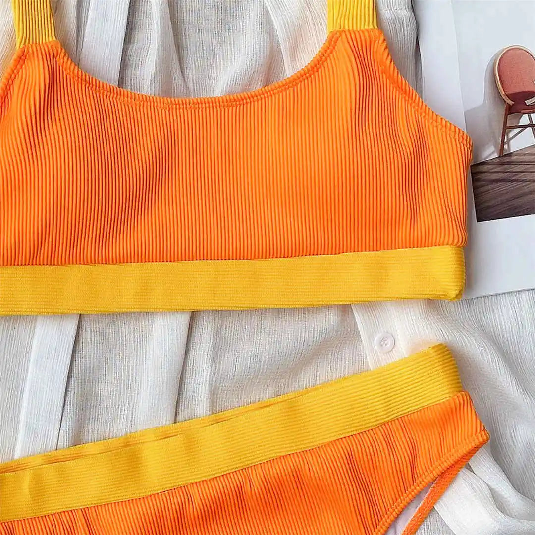 New Sexy Ribbed Splicing High Waist Bikini Set