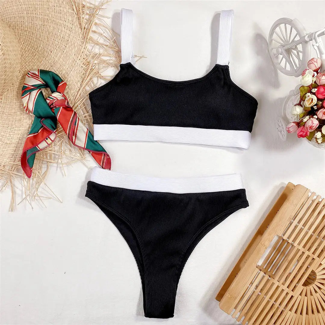 New Sexy Ribbed Splicing High Waist Bikini Set