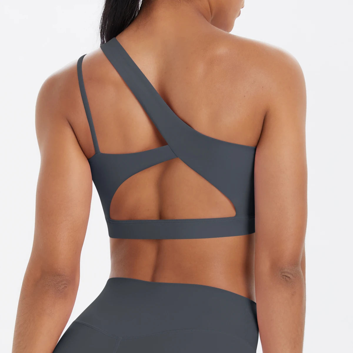 Oblique Shoulder Yoga Bra – Hollow-Out Back Push-Up Sports Vest for Running & Fitness